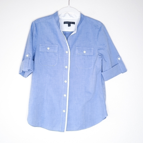 Lafayette 148 New York Indigo Rolled Tab Sleeve Button Down 6 - Picture 2 of 6